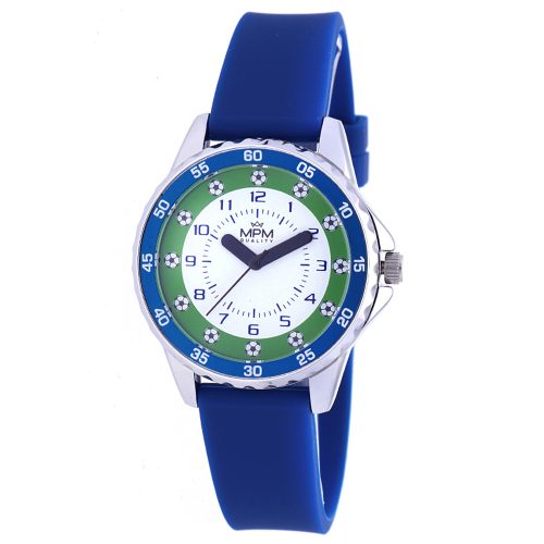 Detské hodinky MPM Soccer Balls – A – kovové púzdro – biely/zelený ciferník Detské náramkové hodinky Karol Bohony