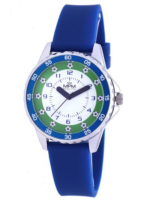 Detské hodinky MPM Soccer Balls - A - kovové púzdro - biely/zelený ciferník
